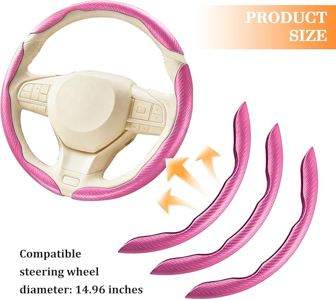 3PCS Carbon Fiber Car Steering Wheel Cover, Leather Segmented Anti-Skid Steering Wheel Protector, Snap on Automotive Interior Protection Accessories, Universal for Vehicles (Pink)