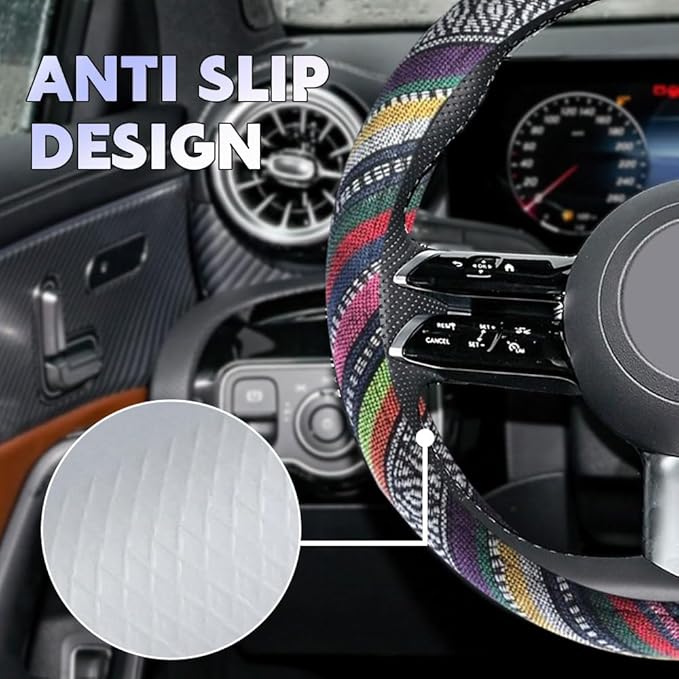 Boho Steering Wheel Cover, Steering Wheel Cover Women, 15 inch Hippie Style Protector Covers, Universal Ethnic Flax Cloth Car Accessories Universal for SUV Van Truck (Hippie-B)