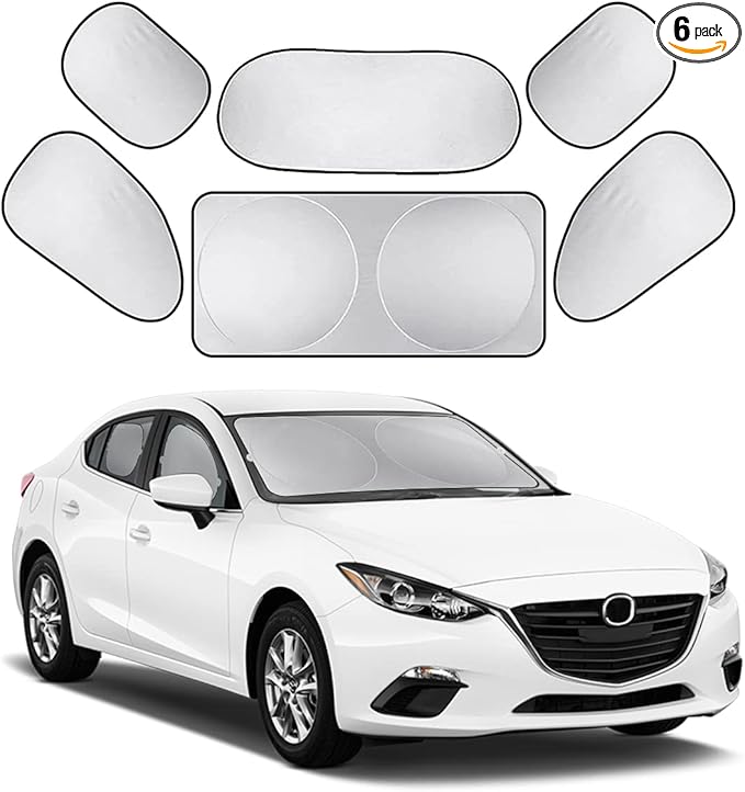 Car Window Shade, 6Pack Set Auto Sun Shades for Side Window Front and Rear Windshield with Storage Pouch for Car, SUV, Van, Truck, Full Sun Protection, Block UV Rays, Keep car Cool (59.5"x27.6"/6PCS)