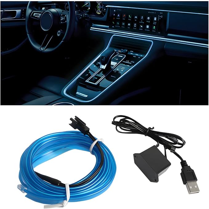 EL Wire LED Strip Lights, USB Auto Neon Light Strip with Sewing Edge, 16FT Electroluminescent Ambient Lighting Kit with Fuse Protection, Car Decoration Accessory (Blue/16FT)