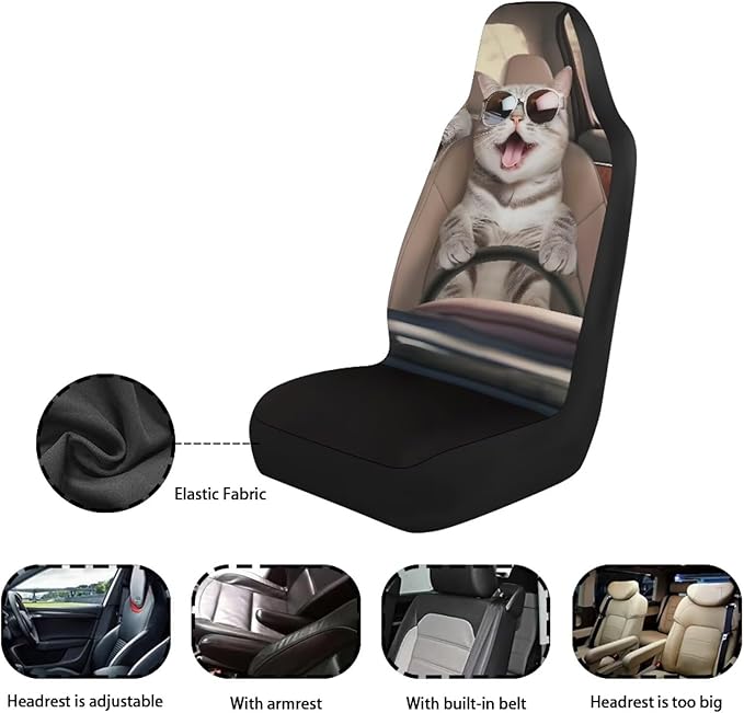 Cat Driver Car Seat Covers Front Set Full Wrapping Edge Vehicle Cushion Seat Cover Set Universal Fit for Most Car Interior Covers for Sedan Truck SUV
