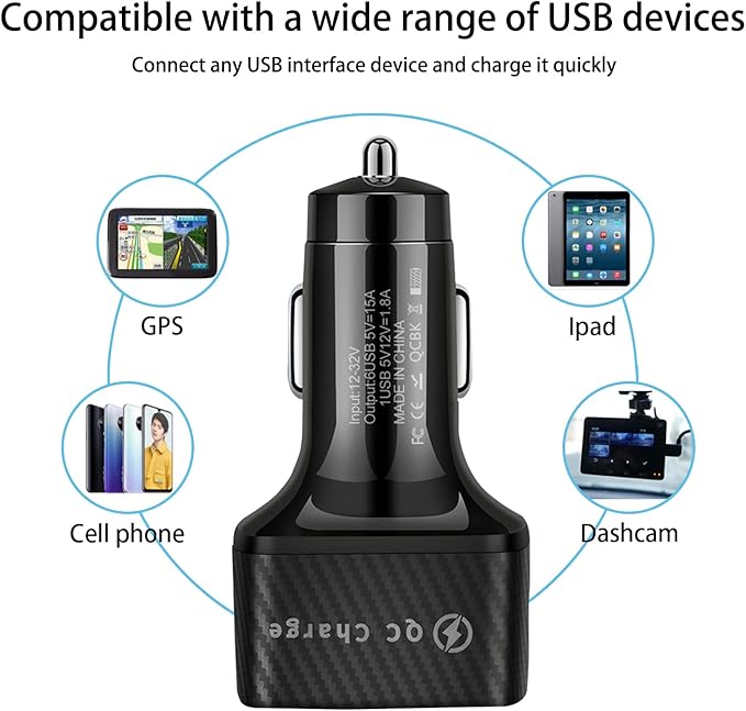 Car Charger Adapter, 6 Ports USB QC3.0 Fast Phone Charger, Car Interior Accessories Fit for All Vehicles, Multi-Port Car Phone Charger with LED Light Display for Smart Phone and More (Black)
