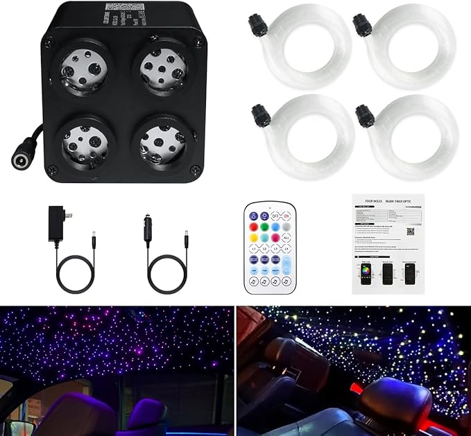 AMKI Updated 4Color Twinkle 36w Starlight Headliner Kits 800pcs 0.03in 13.1ft Fiber Optic Light Cable 4 Ports Starlight Box App/Remote Control Sound Mode for Car Home Ceiling Decoration