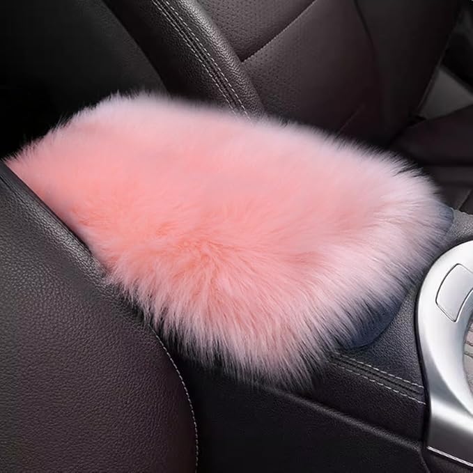 Auto Center Console Cover Pad, 11.81"x 7.87" Warm & Furry Winter Car Armrest Cover, Soft Faux Sheepskin Wool Car Armrest Seat Box Protector Cushion, Universal Interior Accessory (Pink)