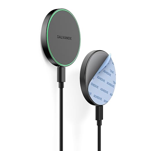 Galvanox Stick-On Magnetic Wireless Charger, Compatible with MagSafe (15W) iPhone Fast Charging, Low-Profile Pad for Wall, Home Office, Magnet Car Mount with Removable USB-C (Adhesive Mounting)