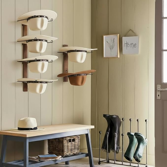 Cowboy Hat Holder, 3-Piece Wall Mount Cowboy Hat Rack for Wall Holds up to 6 Hats – Wooden + Metal Rustic Western DIY Hat Racks for Wall Storage and Home Décor