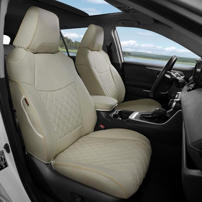 Lolcar Rav4 Seat Covers Custom Fit for Toyota Rav4 (for Hybrid) 2019-2025 LE,XLE,XLE Premium,Limited,Woodland Edition, Leather Truck Seat Cover Full Set for SUV,Faux Leather(Grid Beige)