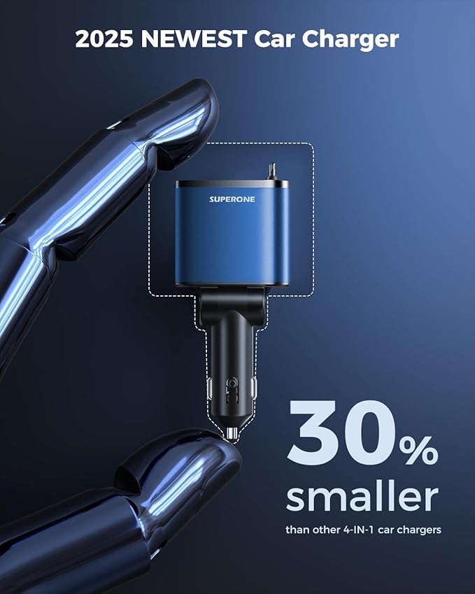 [Upgraded] 4 in 1 Retractable Car Charger, SUPERONE Smaller Fast Car Phone Charger 69W with Cord, USB C and iPhone Car Charger Adapter, Compatible iPhone 17/17 Pro Max/16/15/14/13, Sumsung