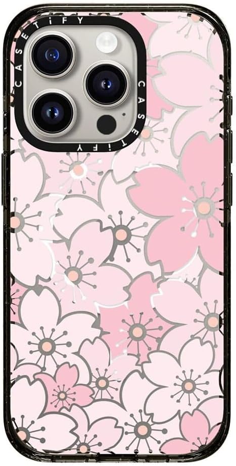 CASETiFY Impact Case for iPhone 15 Pro [8.2ft 4X Military Grade Drop Protection/Compatible with Magsafe] - Pink Sakura Bloom - Clear Black