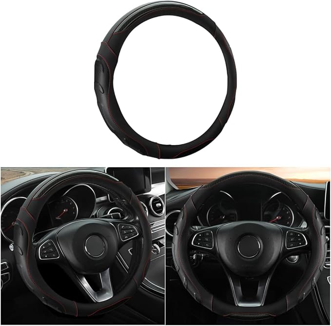 Leather Steering Wheel Cover, Auto Car Stretch Steering Wheel Protector, Universal 15 Inch Anti-Slip Breathable Odorless Steering Wheel Cover for Men Women (Black)