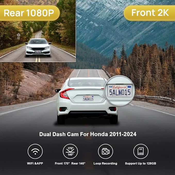 Fitcamx 2K Dual Dash Cam Suitable for Honda Vehicle Models 2011-2024 (Rectangle Dome Light), OEM Style, Front 1440P+Rear 1080P Video, Loop Recording, Built-in WiFi,G-Sensor, Easy to Set, 64GB Card