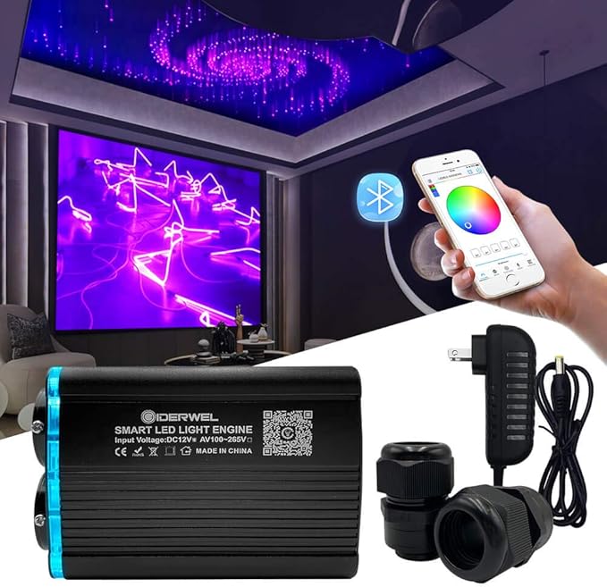 GIDERWEL Smart APP LED Fiber Optic Lights Engine Driver Dual Port RGBW,Bluetooth Color Changing Fiber Optic Star Ceiling Light Source with RF Remote Control for All Kinds of Fiber Optics Cable