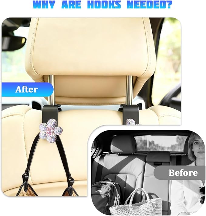 Bling Car Seat Headrest Hook, 4PCS Daisy Crystal Rhinestone Vehicle Backseat Hanger Hook for Purses Bags, Auto Headrest Storage Organizer Decorations, Universal Fit (Multicolour White Pink)