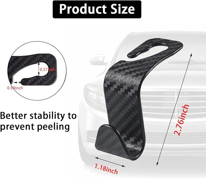 Ziciner Car Seat Headrest Hooks, 4 Pack Auto Durable Backseat Hangers Storage Organizer, Universal Car Interior Accessories for Purse, Grocery Bags, Handbag (Black Carbon Fiber)