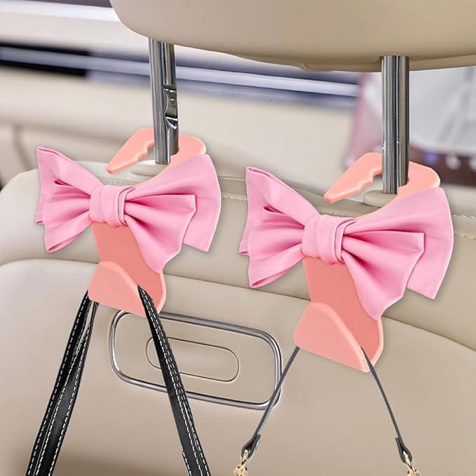 2PCS Car Purse Hooks, Car Hooks for Purses and Bags Cute, Cute Bow Shaped Vehicle Backseat Storage Hanger, Auto Leather Bow Back Seat Storage Hanging Holder Universal for Women Girls (Pink)