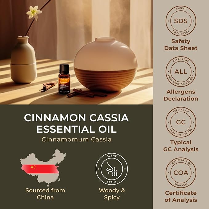 100% Pure Cinnamon Cassia Essential Oil - 0.34 Fl Oz - Cinnamon Cassia Oil for Hair, Skin, Diffuser, Aromatherapy & DIY Candle Making Scent