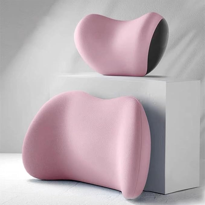 Ergonomic Car Seat Headrest & Lumbar Cushion, Ergonomic Car Seat Headrest Neck Rest Cushion Lumbar Support Pillow (Pink)