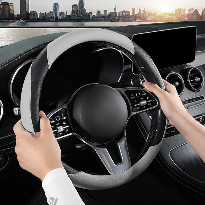 Car Steering Wheel Cover, Microfiber Leather Steering Wheel Cover Universal Fit 14.5-15 inch Anti-Slip Comfortable Breathable Car Wheel Protector for Men Women,Grey