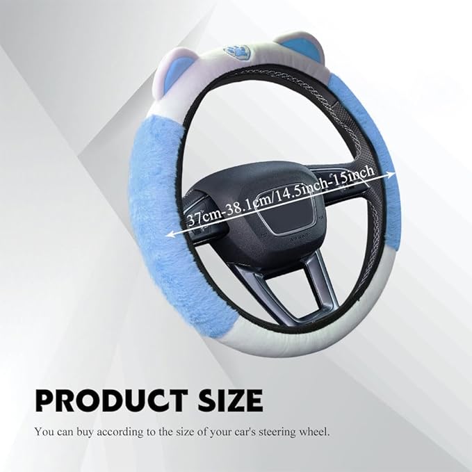 Car Steering Wheel Cover, 15 Inch Fluffy Soft Plush Auto Protector, Anti-Slip Elastic Lovely Car Cover Accessories with Kitty Cat Ears Universal for Most Vehicles (Fluffy-White+Blue)