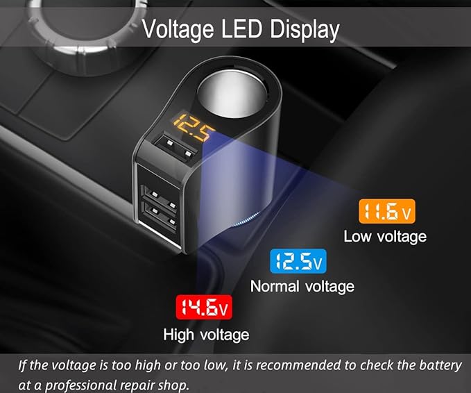 LIHAN Multi USB Cigarette Lighter Adapter, Car Charger Socket Splitter with 3 USB Ports, 12V/24V Outlet Plug Voltage Meter,Compatible for iPhone,iPad, Samsung Galaxy, LG, Google