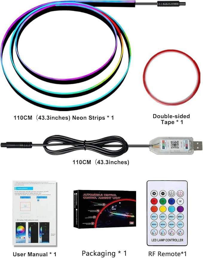 Acrylic LED Lights for Car, 43.3in RGB Strip Light Car LED Lights Interior with USB Port, App Control, Music Sync, 146 LEDs Interior Ca r Lights for Women Men Gifts
