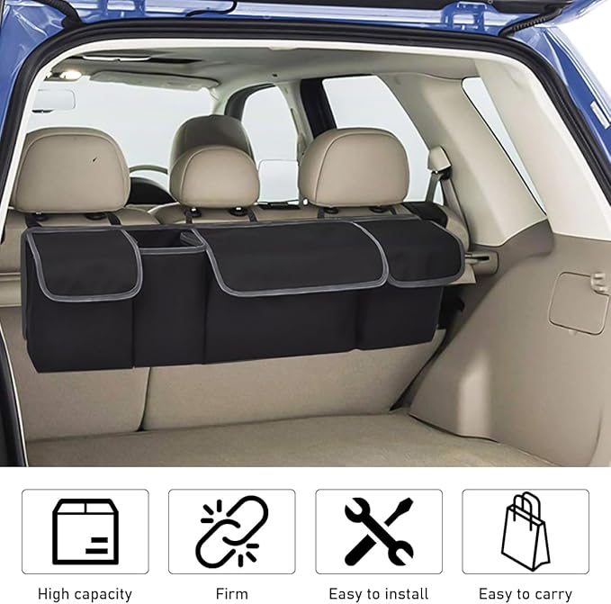 Car Trunk Organizer, Oxford Backseat Storage Bag with 4 Pockets, Waterproof Adjustable Large Capacity Hanging Collapsible Bag for Most Vehicles, Universal Car Accessories