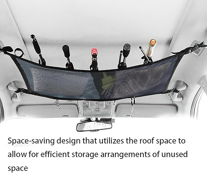 1 Piece Car Fishing Rod Holder, Roof Storage Mesh Bag, 31.5 x 21.3 Inches Reinforced Load Bearing Adjustable to Avoid SaggingDouble-Layer Mesh Organizer,Universal