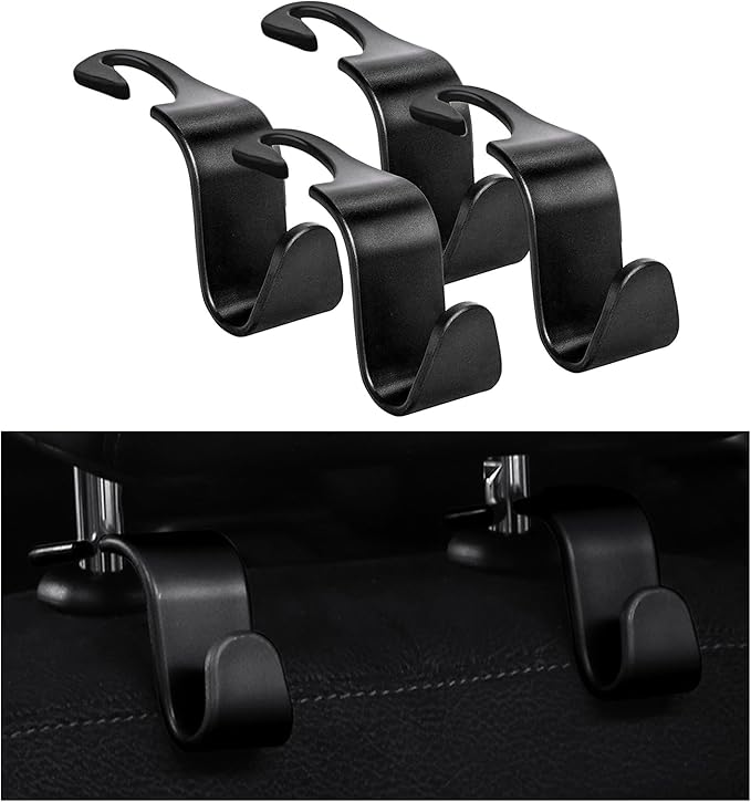 Ziciner 4 PCS Car Seat Headrest Hooks, Backseat Hangers Storage Organizer, Universal Car Accessories for Purse Grocery Bags Coats (Black)