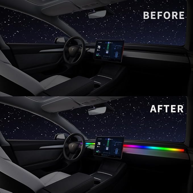 for Tesla Model 3 Y LED Dashboard Ambient Lighting Interior Lights Neon Light Kits 2025 2024 2023 2022 2021 Accessories Accessory RGB Dreamcolor, App & Remote & USB Hub, DC 12V