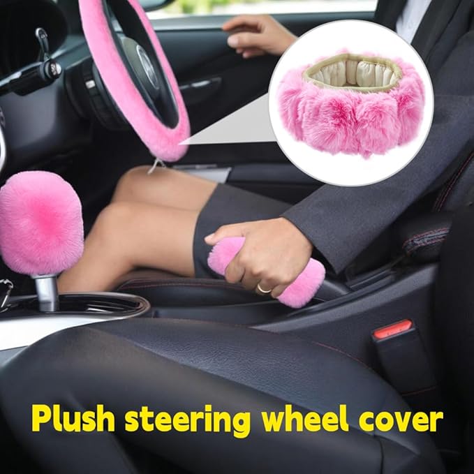 Fluffy Steering Wheel Cover, Winter Warm, Suitable for Most Car Steering Wheels in The 14-15 Inch Range (Pink, 3PCS)