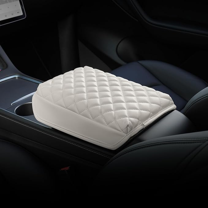 KMMOTORS Fits Model y, Model 3 (2021-2024) Center Console Cover Quilting White, Armrest Cushion, Console Protector, Vegan Leather, Model 3 Accessories, Model y Accessories (Creamy White)