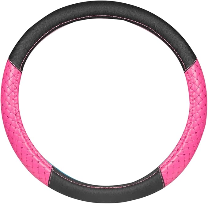 Pink Sequin Bling Steering Wheel Cover, Standard 15 Inch Size Fits Most Vehicles, Cute Faux Leather Car Steering Cover with Diamond Rhinestone Glitter Like Detail, Car Accessories for Women