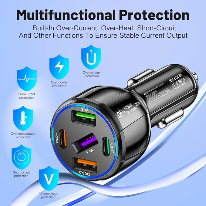75W Ultra-Fast Car Charger, 30W/QC3.0/Type C 5-Port Smart Shunt 12 Volt Car Adapter Cigarette Lighter USB Charger Compatible with iPhone 14 Pro MAX/13,MacBook Pro,iPad Pro (3USB+2PDBlack)