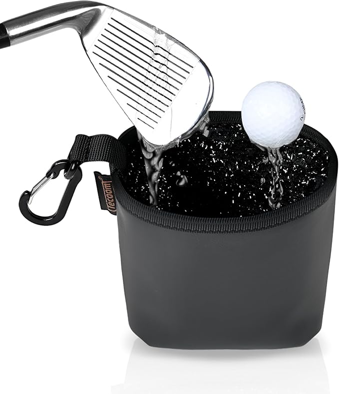 Teccom Golf Club and Ball Cleaning Bag, Golf Cleaner Pouch with Three-Layer Waterproof Fabric Technology, Microfiber Layer, Neoprene, PU Leather Exterior, Detachable Clip, Golfer Gift