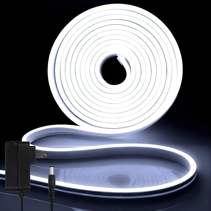 iNextStation 12V White LED Strip Lights 16.4FT/5M, IP65 Waterproof Silicone Neon Light Strip, Flexible Led Rope Lights for DIY, Cuttable, LED Light Strip for Bedroom, Indoor, Outdoor(with Plug)