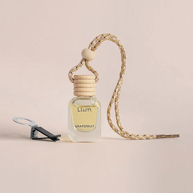 Llum Grapefruit Hanging Car Air Freshener – Luxury Automotive Perfume Diffuser 10ml (0.34 fl oz), Long-Lasting Fragrance, Alcohol-Free Non-Toxic Car Scent, Glass Bottle With Wood Cap & AC Vent Clip