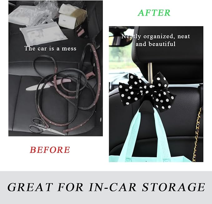 2 PCS Car Seat Headrest Hooks, Cute Bow Shaped Vehicle Backseat Storage Hooks, Leather Bow Shaped Sturdy Car Seat Back Hooks for Purses/Coats/Umbrellas, Car Accessories (Black Dot)