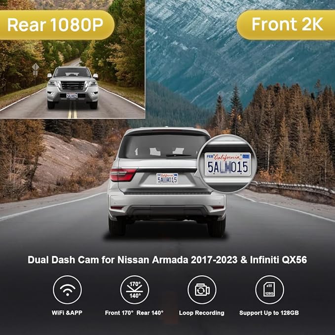 Fitcamx 2K Dual Dash Cam for 2017-2023 Nissan Armada S SV SL Platinum & Infiniti QX56 (with Auto Dimming), OEM Style, Front 1440P+Rear 1080P Video, WiFi & APP, Loop Recording, G-Sensor, 64GB Card