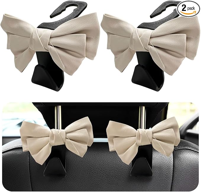 2 PCS Car Seat Headrest Hooks, Cute Bow Shaped Vehicle Backseat Storage Hooks, Leather Bow Shaped Sturdy Car Seat Back Hooks for Purses/Coats/Umbrellas, Car Accessories (Black & White)