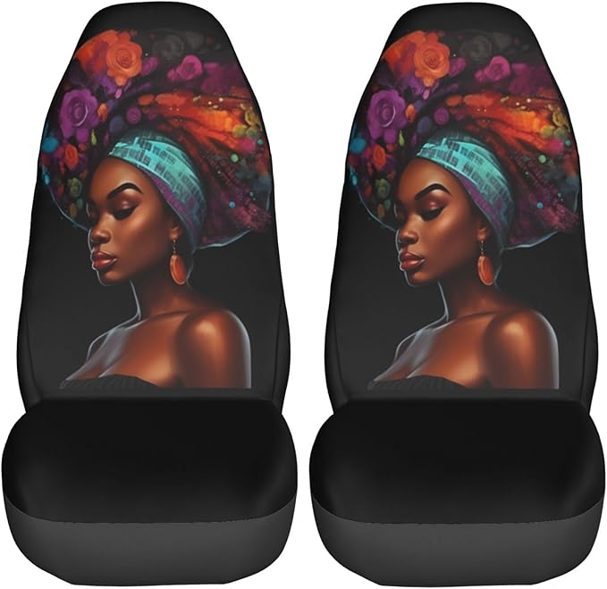 Delerain Car Seat Covers Set 2Pcs, Black African Women Glitter Universal Front Car Seats Vehicle Enterior Protector Suitable Fits Most Car Auto SUV Sedan Truck