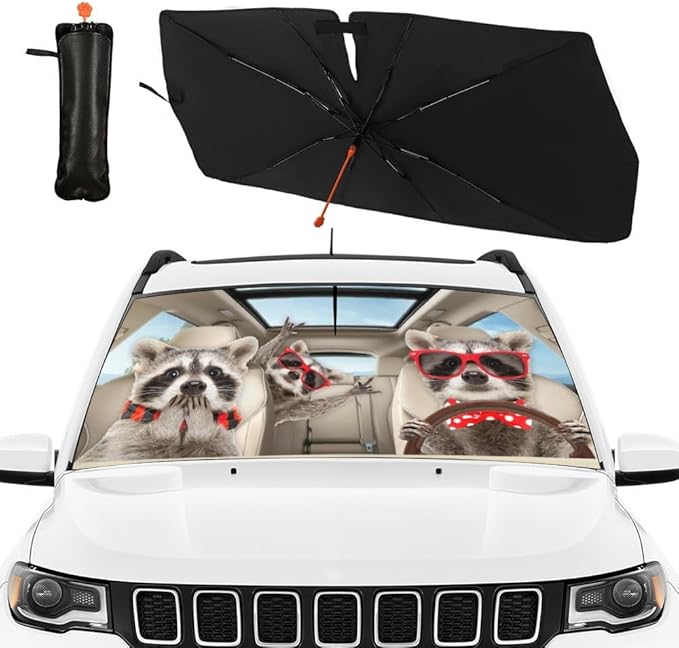 CHILL·TEK Funny Animals Car Windshield Umbrella, Raccoons Sun Shade Umbrellas for Car Front Window,Block UV Rays Foldable Windshield Umbrella Sun Visor Protector-Keep Vehicle Cool for Most Vehicles