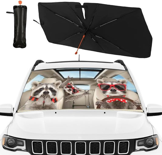CHILL·TEK Funny Animals Car Windshield Umbrella, Raccoons Sun Shade Umbrellas for Car Front Window,Block UV Rays Foldable Windshield Umbrella Sun Visor Protector-Keep Vehicle Cool for Most Vehicles