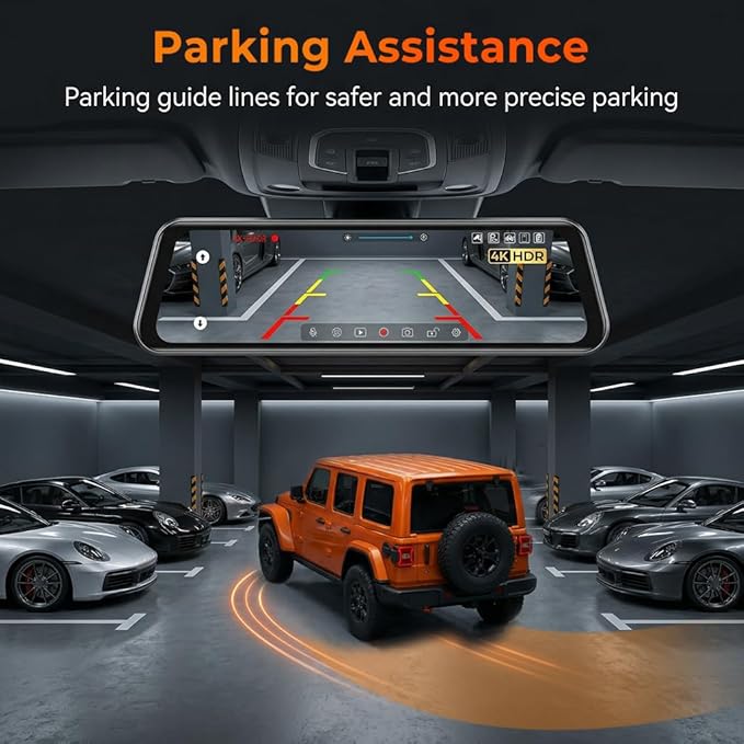 12" Mirror Dash Cam, 4K UHD Front and 2.5K Rear View Dash Camera for Car, with ADAS BSD LCA Smart Mode, GPS, G-Sensor, Loop Recording, Parking Monitor, Voice Control, 5.8GHz WiFi