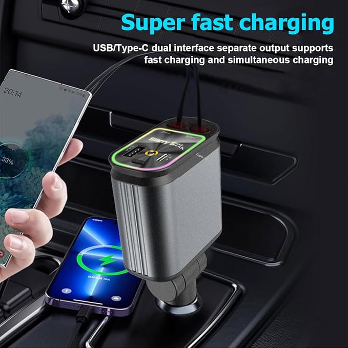 Car Charger with Starrylight, 4 in 1 Retractable Type C USB Ports 120W Fast Charging Adapter for Phones, Tablets, Multifunctional Auto Accessories, Universal for Vehicles