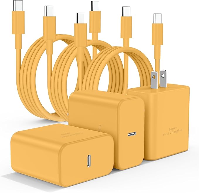 3Pack USB C Charger for Samsung Galaxy S24 Ultra, Super Quite Fast Charging Type C Block with 6FT C to C Cord for Samsung Galaxy Tab S9 S8 S23 Ultra S22 Ultra S23 S22 S21 Note 10 Plus 20,Yellow