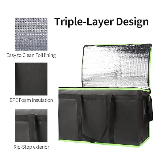 Bodaon 4-Pack Cooler Insulated Food Delivery Bag, Rideshare Delivery Bag, XXX-Large Thermal Bags for Catering/Hot Pizza, Travel/Camping/Picnic/Grocery Reusable Warmer Frozen, Black-Green Edge