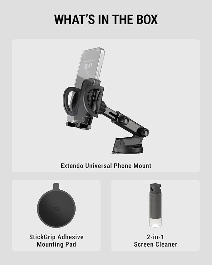 Scosche Phone Mount for Car, Universal Hands Free Windshield/Dashboard, Suction Cup Cell Phone Holder with 360° Rotation, Includes Screen Cleaner, Stand Compatible with iPhone and Android