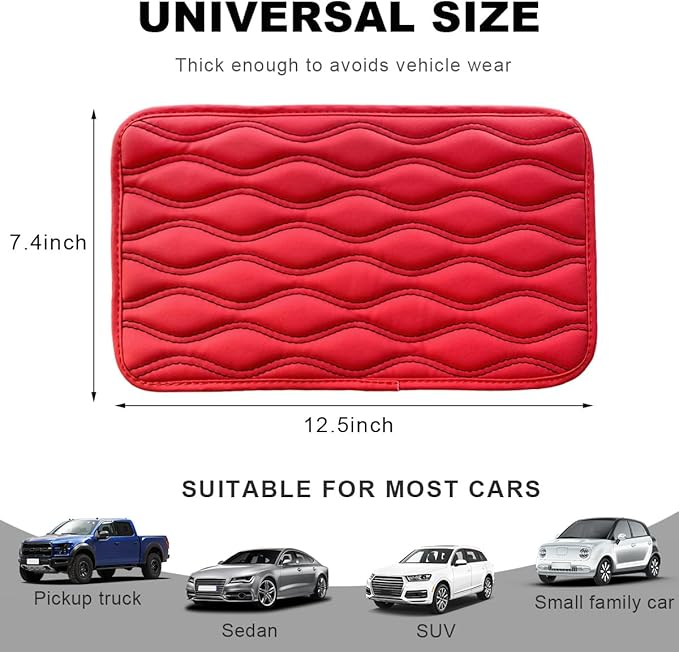 Car Center Console Cushion Pad, 12.48×7.40 Inches Waterproof Car Armrest Seat Box Cover, Comfortable PU Leather Vehicle Armrest Cover Protector, Car Decor Interior Accessories (Red＋Black)