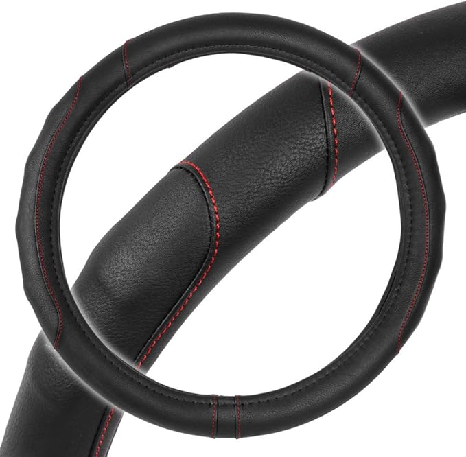 Motor Trend Ergonomic Steering Wheel Cover/Protector for Small Size Steering Wheels in Cars, SUVs, Boats (13.5-14.5") - Grip Drive Pro Comfort Grip (Black/Red Stitching)
