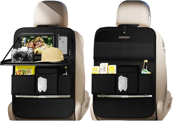 XDV Car Seat Organizers,Multi-functional Back Seat Protectors, Storage Pouches, and Tray Holders (for Cars, Kids, Seat Back and Rear Seats) (Plain Black, 2 Pcs)